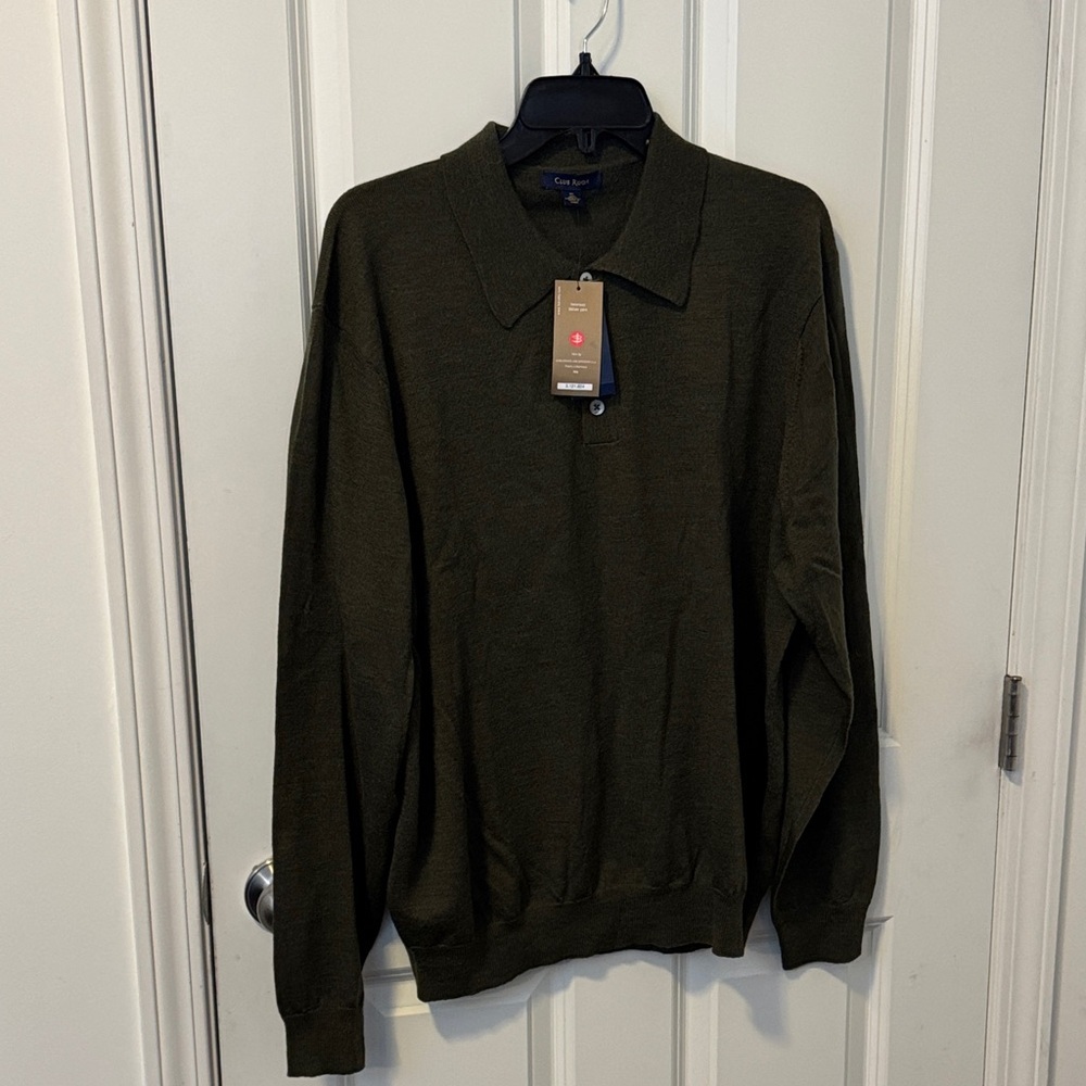 Club Room New 100% Merino Wool Olive Green V-Neck Polo Sweater